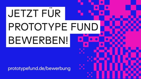 Grafik des Prototype Fund zur Bewerbung für den dritten Förderjahrgang: „Jetzt für Prototype Fund bewerben!“